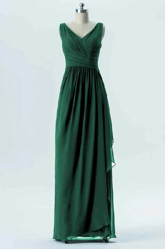 sleeveless dressPeacock Green A-line Chiffon Pleated Ruffle Long Bridesmaid Dress