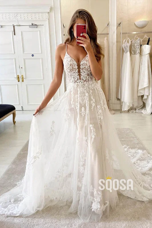 cocktail party dressA-line Spaghetti Straps Exquisite Lace Bohemian Wedding Dress Bridal Gown QW2276