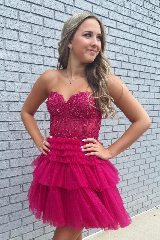 wrap dressFuchsia Lace Applique Strapless Ruffled Short Homecoming Dresses