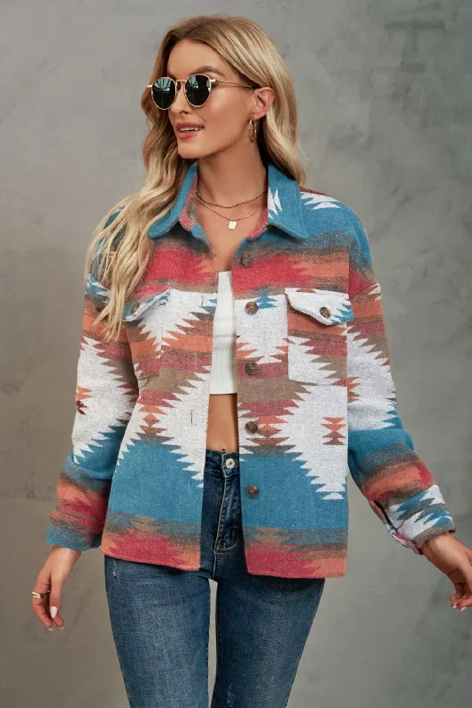 warm outerwearBoho Print Collared Jacket