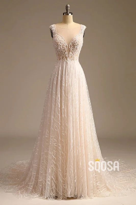 casual day dressIllusion Neckline Exquisite Champagne Lace Beaded A-line Wedding Dress QW2500