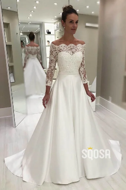 mini dressA-line Off-the-Shoulder Lace Long Sleeves Rustic Wedding Dress QW2266