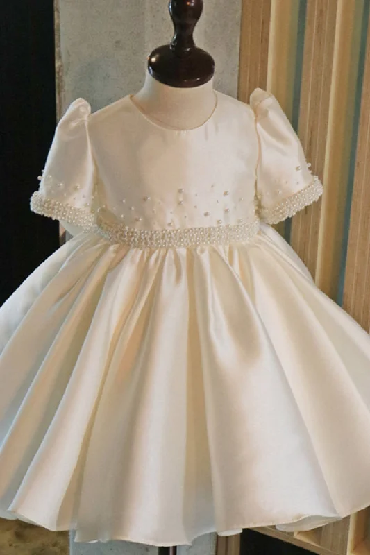 statement dressBall Gown Pearls Short Sleeves Cute Flower Girl Dress First Communion Dress QF1049