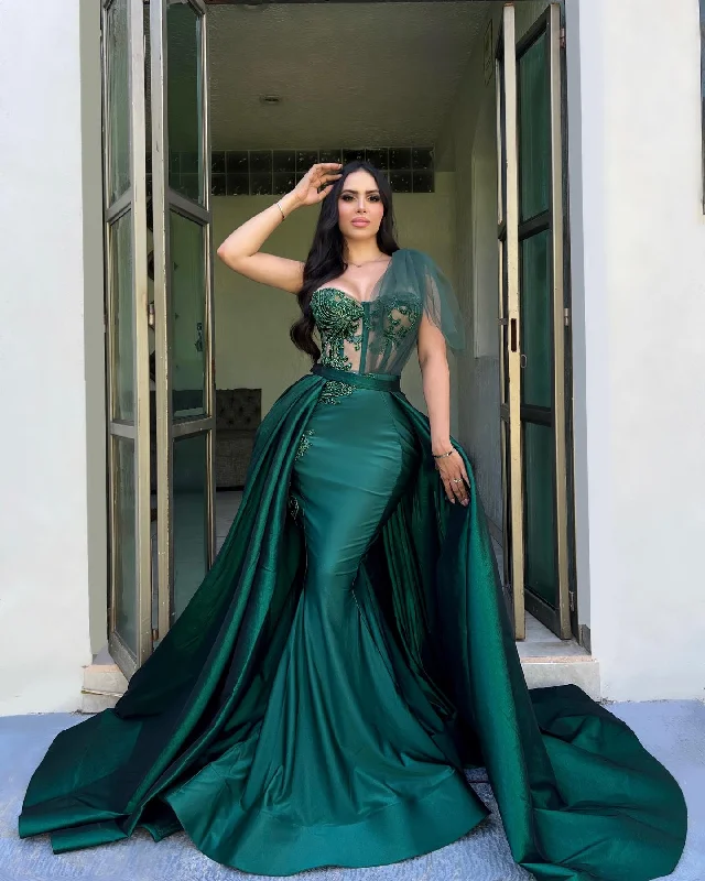 office dressA-Line One Shoulder Beaded Illusion Green Long Prom Evening Dress QP3138