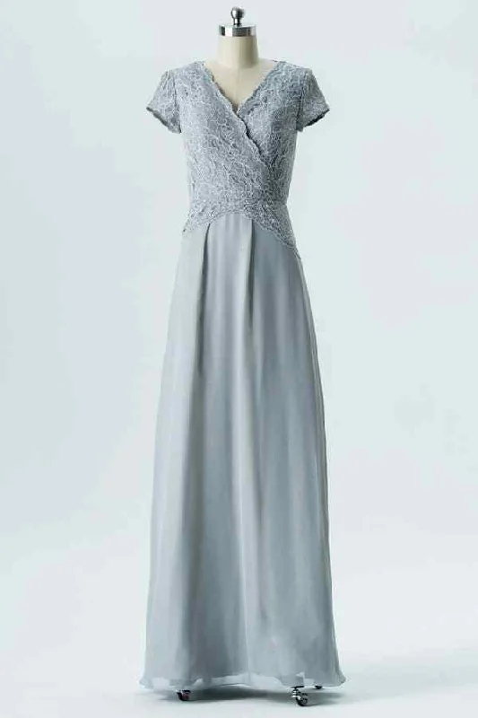 casual evening dressDusty Blue A-line Cap Sleeves Chiffon Lace Long Bridesmaid Dress