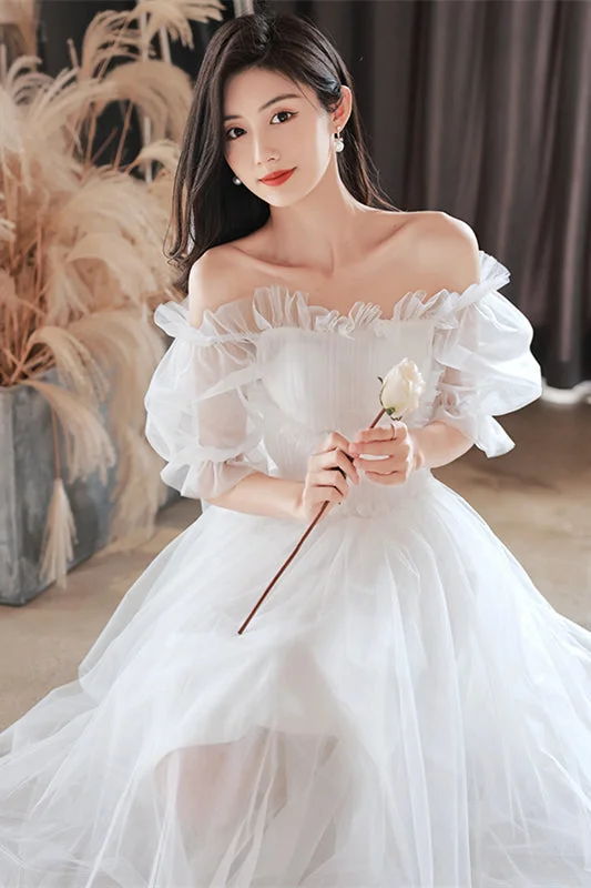 shift dressWhite Ruffle Off-the-Shoulder Tulle Homecoming Dress