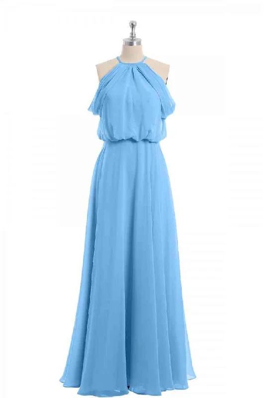 chic slip dressBlue A-line Halter Off-Shoulder Chiffon Long Bridesmaid Dress