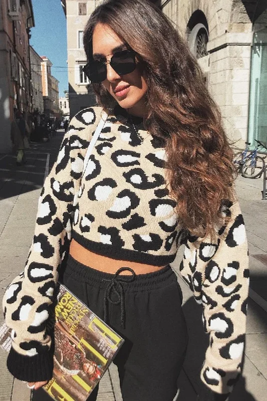 fashion pullover sweaterBeige Leopard Crop Batwing Jumper - Raigen